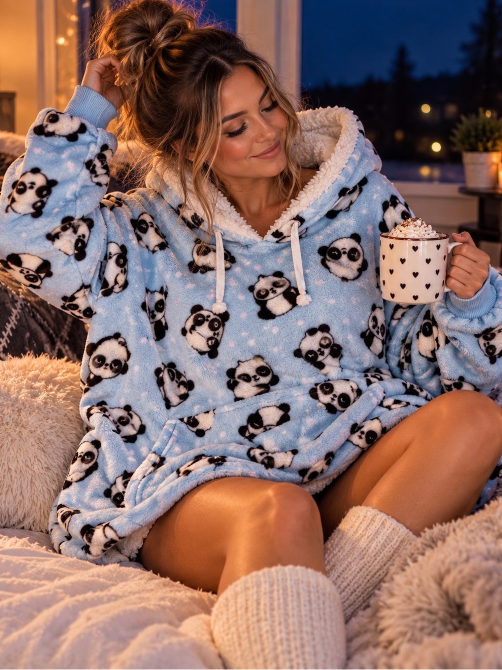 Weekend Edition Panda Sherpa Hoodie – Baby Blue Plush Fleece Pullover – S/M